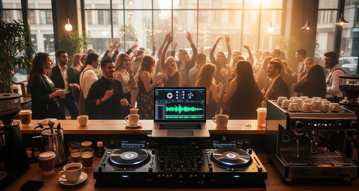 Coffee rave scene with DJ setup during daytime event