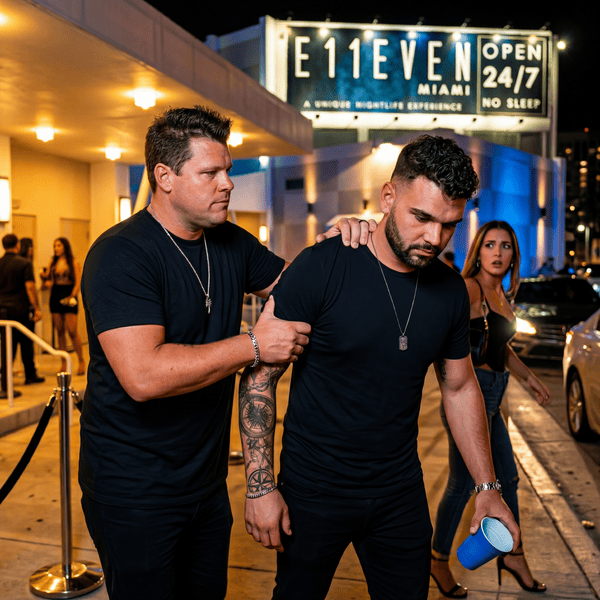 Dee Jay Silver and John Price outside E11EVEN Miami during Tortuga Weekend 2026.